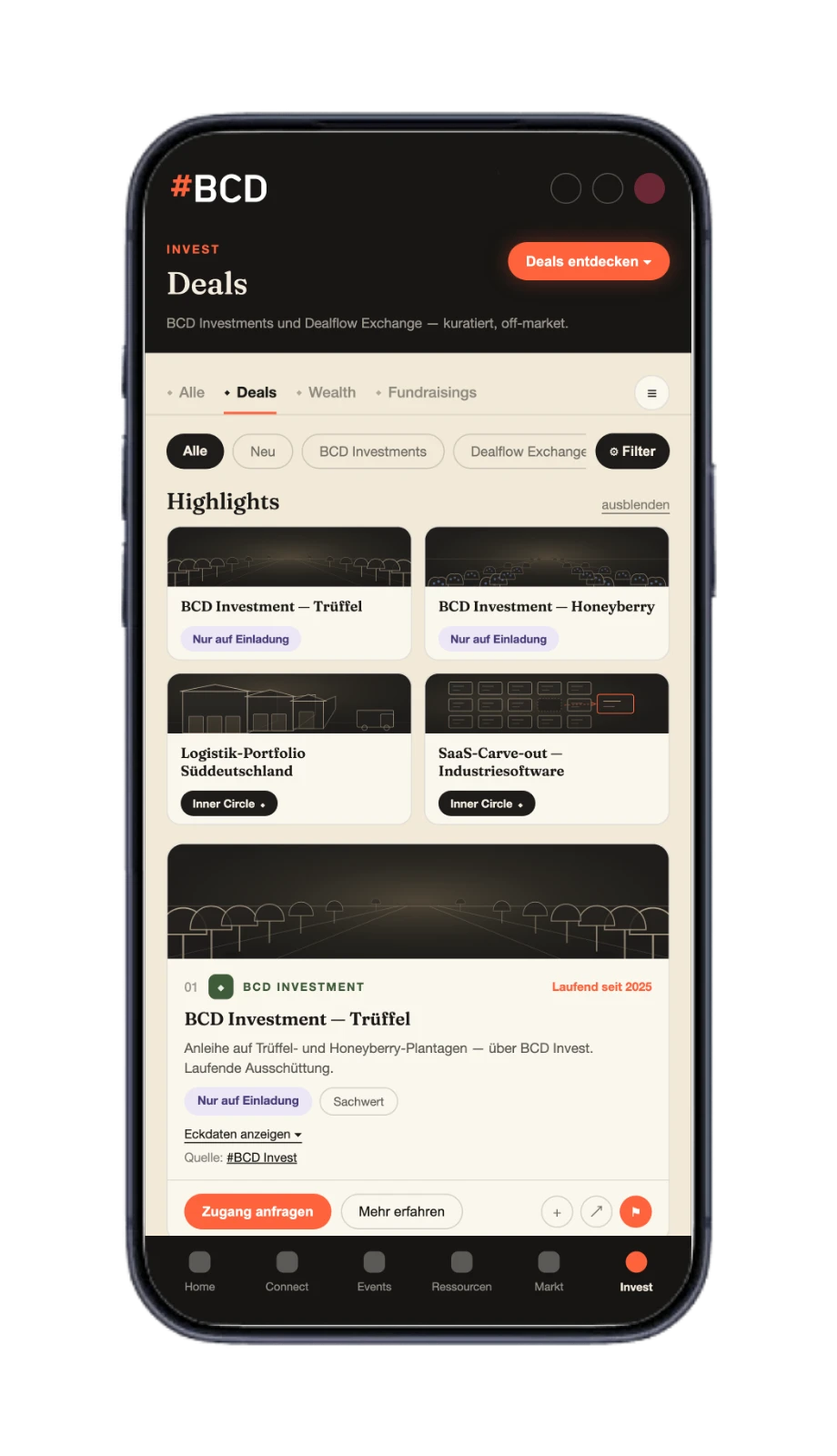 Deals-Ansicht der #BCD-App mit BCD Investments